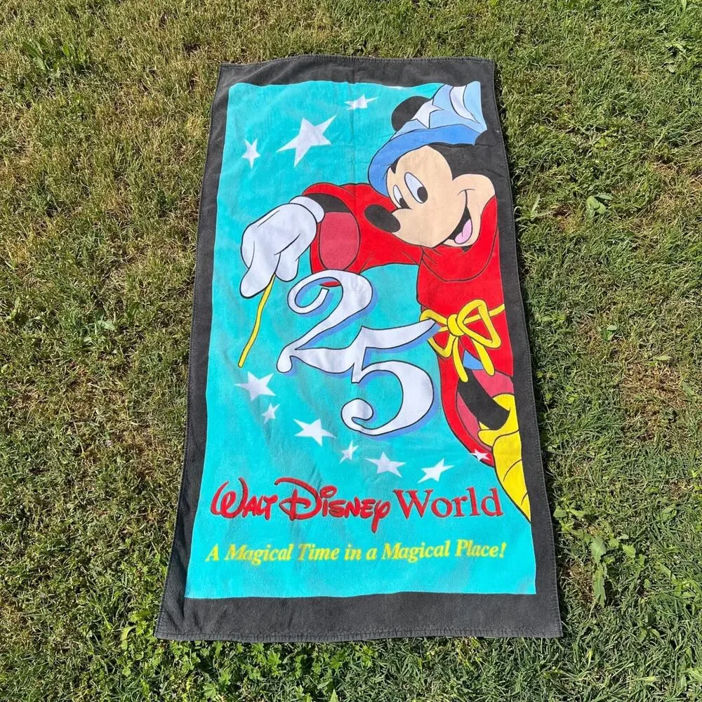 Vintage 1990s Disney World 25th Anniversary Towel Sorcerer Mickey Fantasia